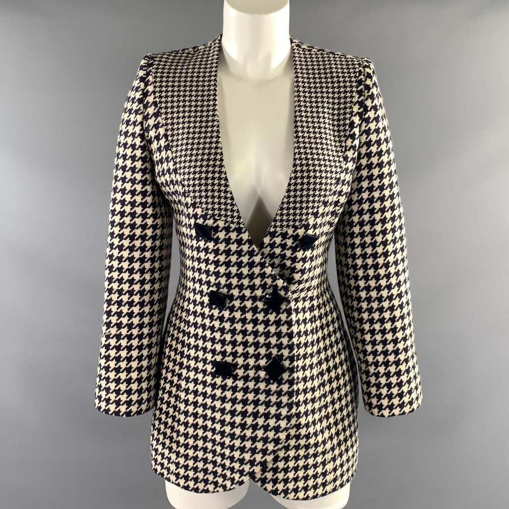 GALANOS Size M White Navy Not Listed Houndstooth Jacket Blazer